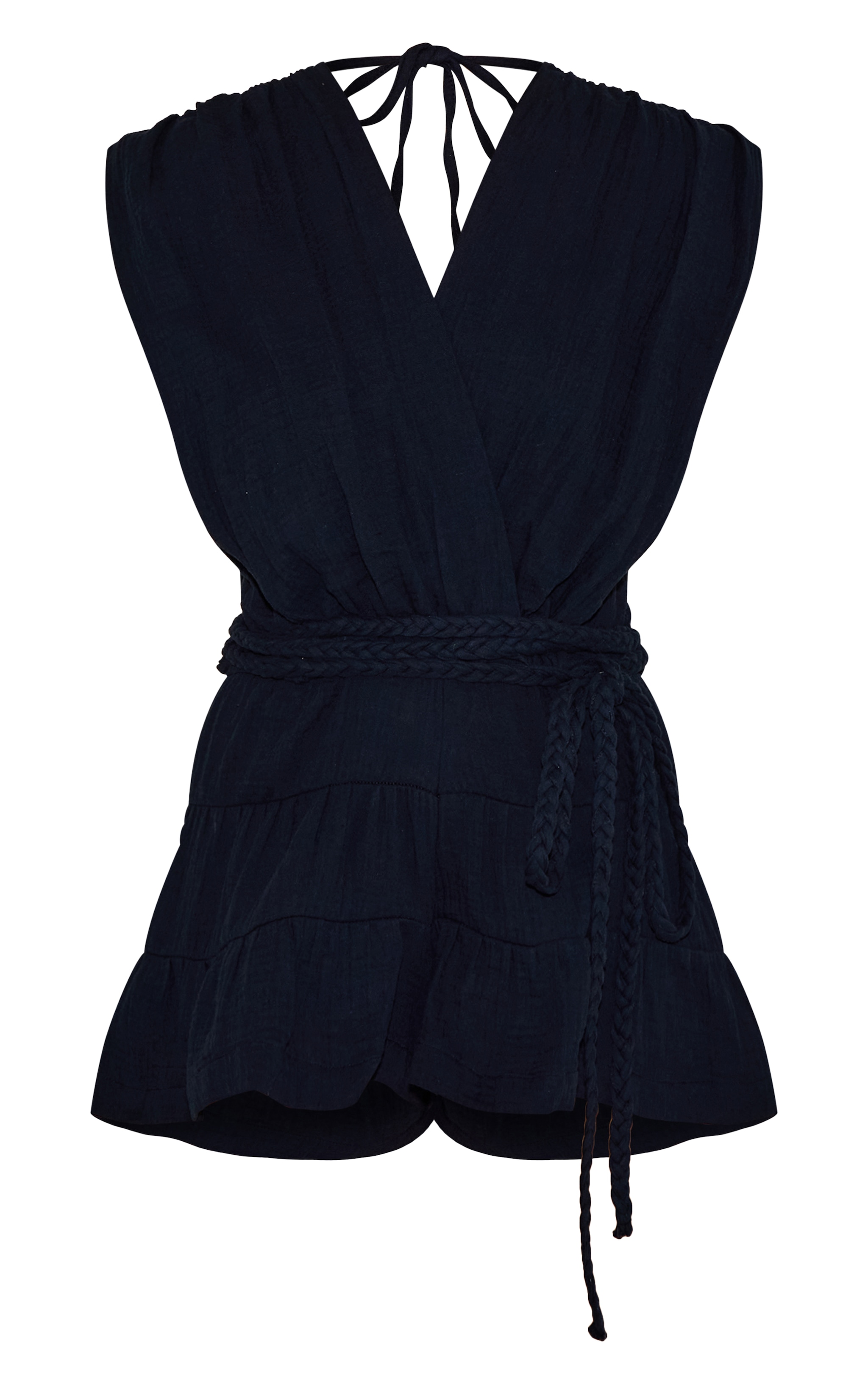 Black Textured V Neck Tie Waist Romper image 5