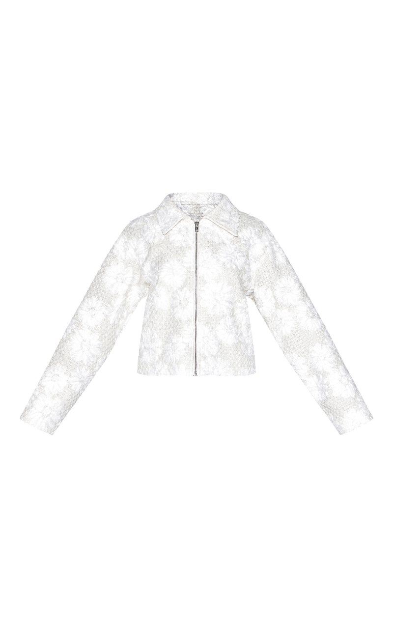 White Floral Detail Boxy Zip Up Jacket Outerwear PLT white-floral-detail-boxy-zip-up-jacket-outerwear-plt
