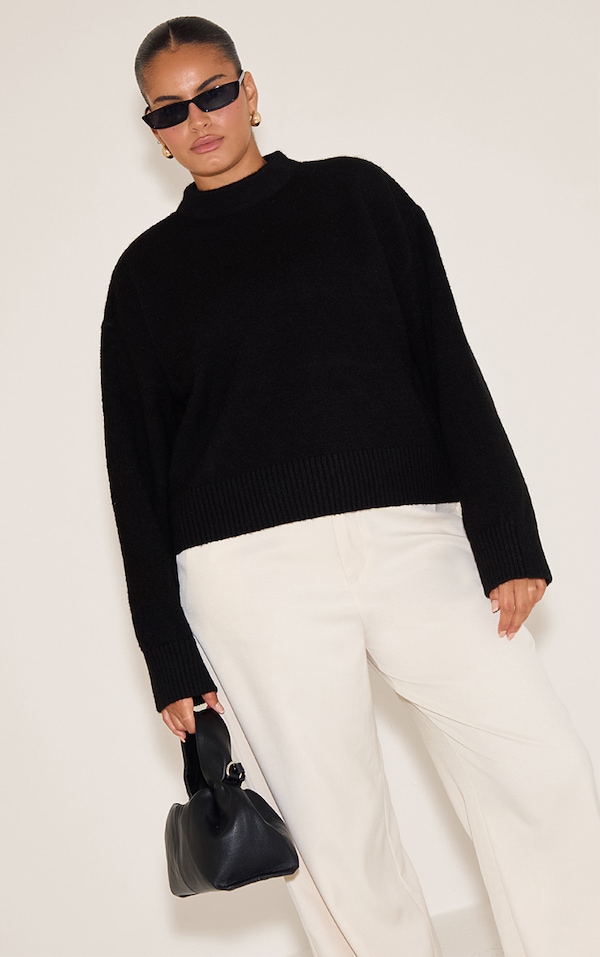 Plus Black Knit High Neck Crop Jumper