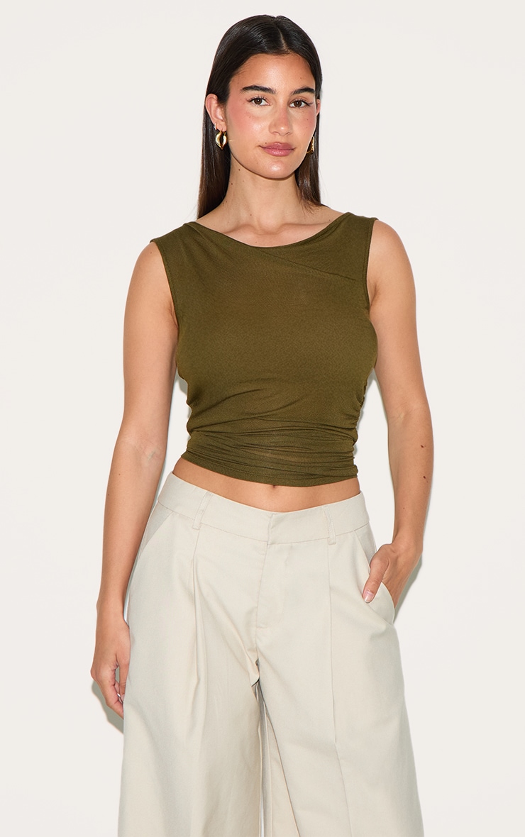 Olive Sheer Soft Touch Cowl Neck Long Vest Top image 1