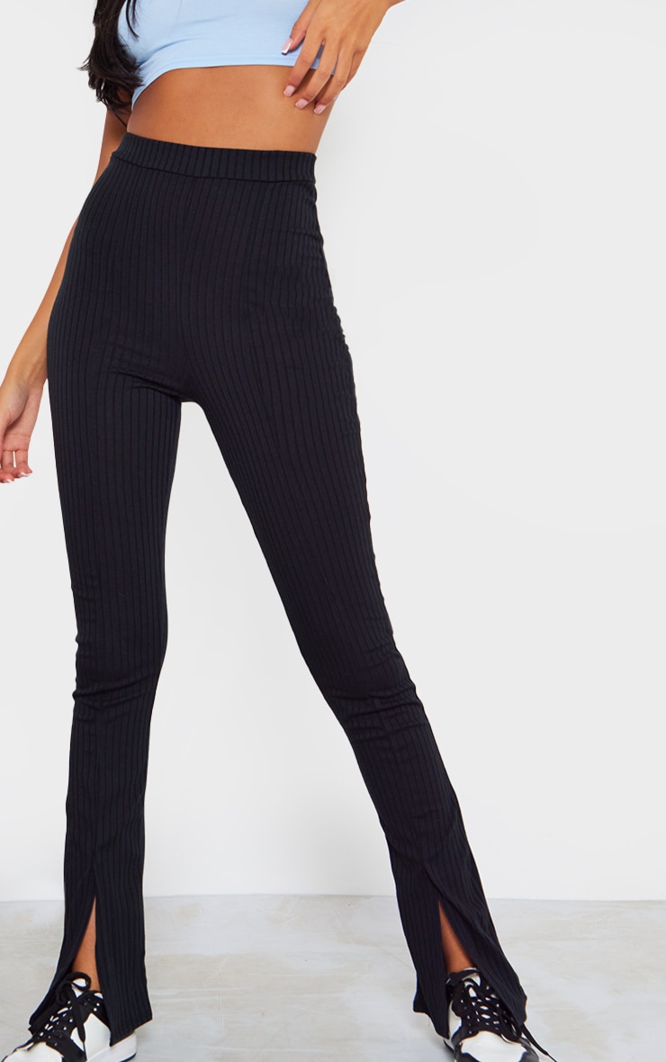 Tall Black Rib Split Hem Flared Trousers image 4