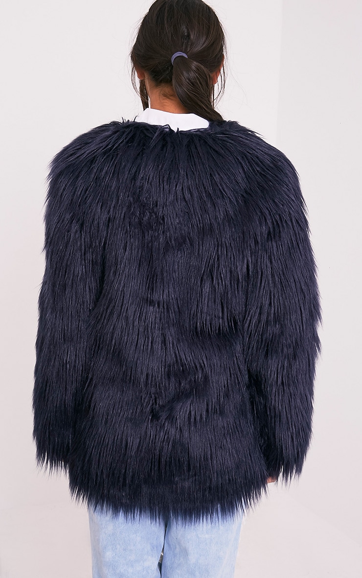 Amaria Navy Shaggy Faux Fur Jacket Jackets PrettyLittleThing