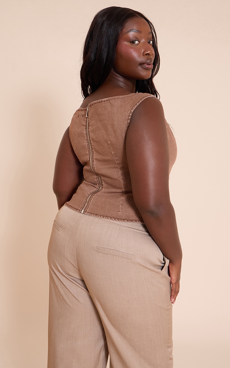 Plus Brown Off The Shoulder Stretch Denim Top image 2