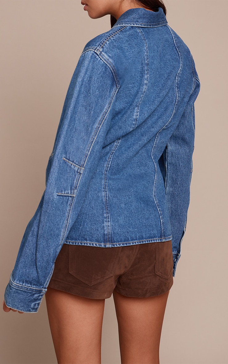 Dark Blue Balloon Sleeve Cinched Denim Shirt image 2