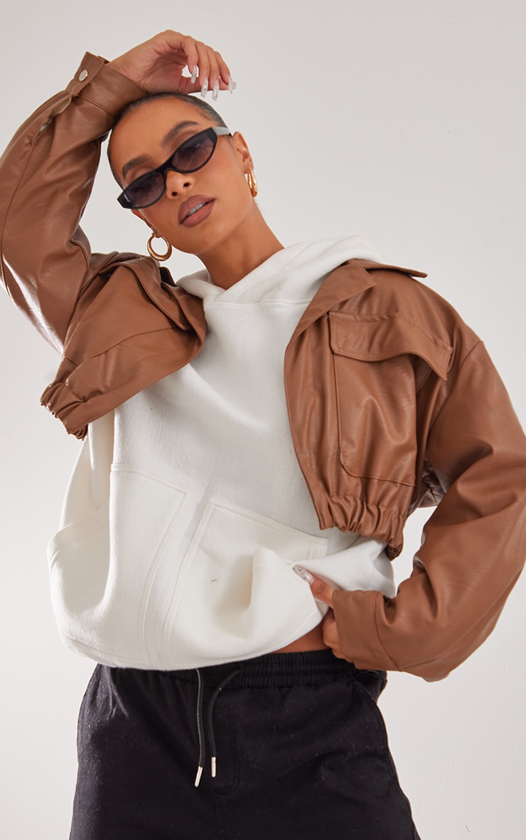 Tan Faux Leather Pocket Detail Cropped Jacket image 4