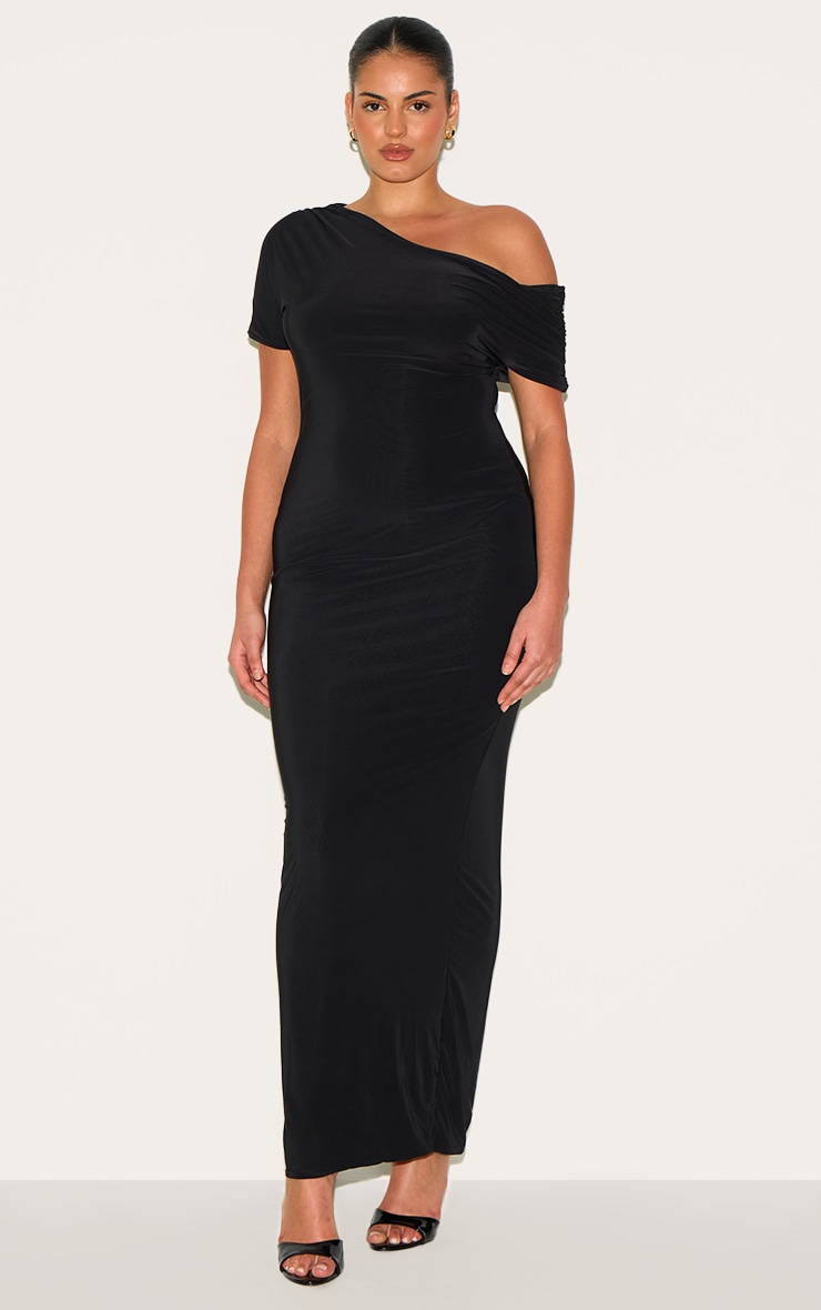 Plus Black Double Layer Slinky Asymmetric Ruched Sleeve Maxi Dress image 3