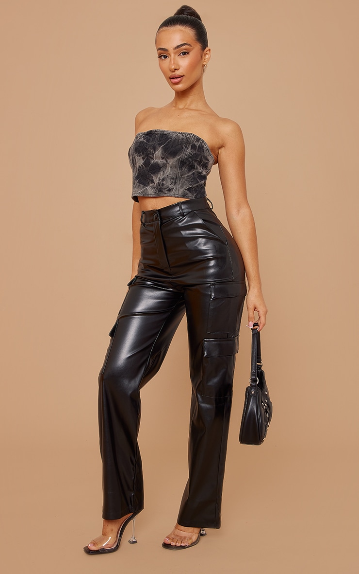 Petite Black Cargo Pocket Detail PU Joggers image 1