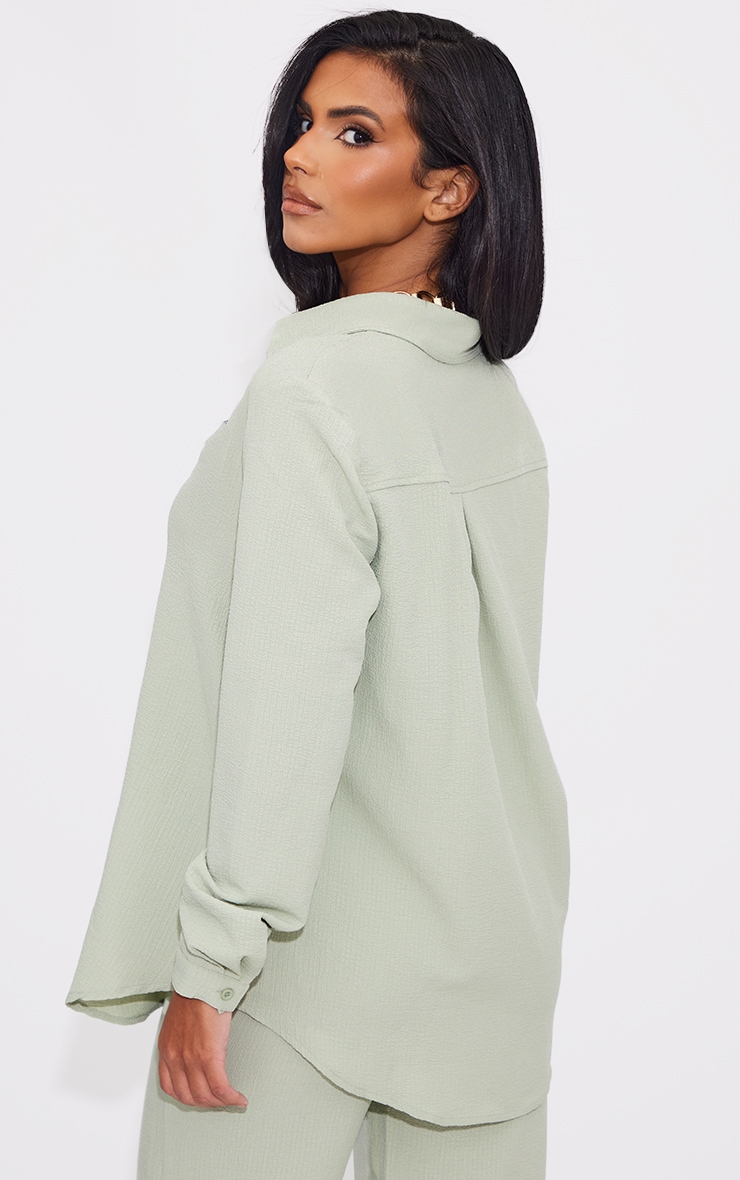 Sage Khaki Textured Crinkle Oversized Shirt image 2