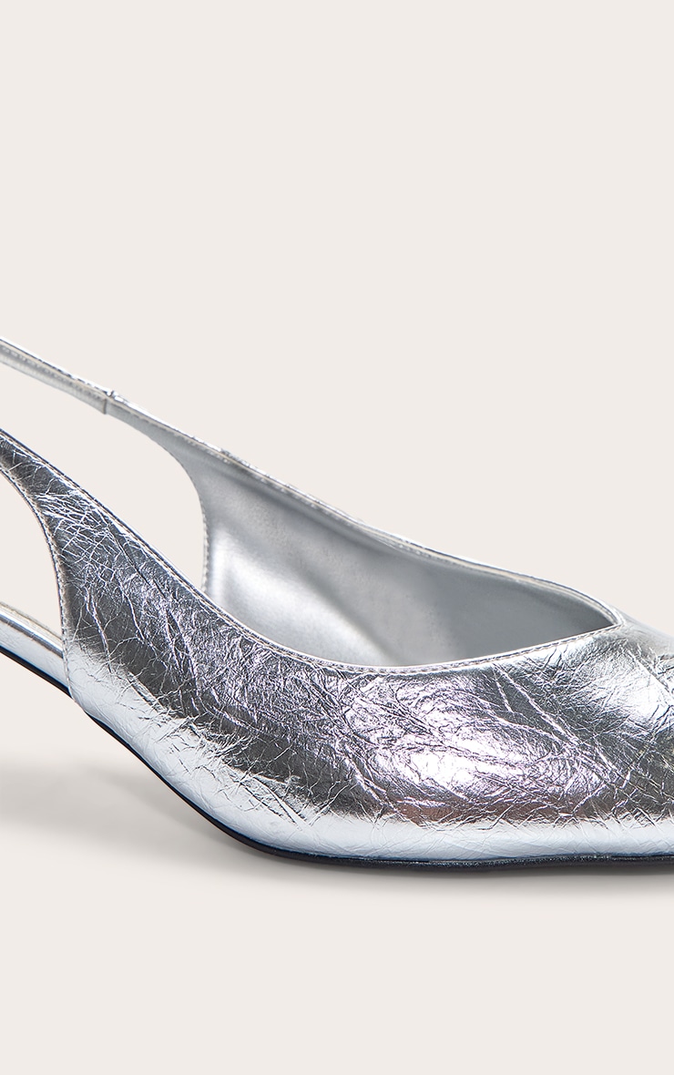 Silver PU Pointed Toe Contrast Heel Sling Back image 5