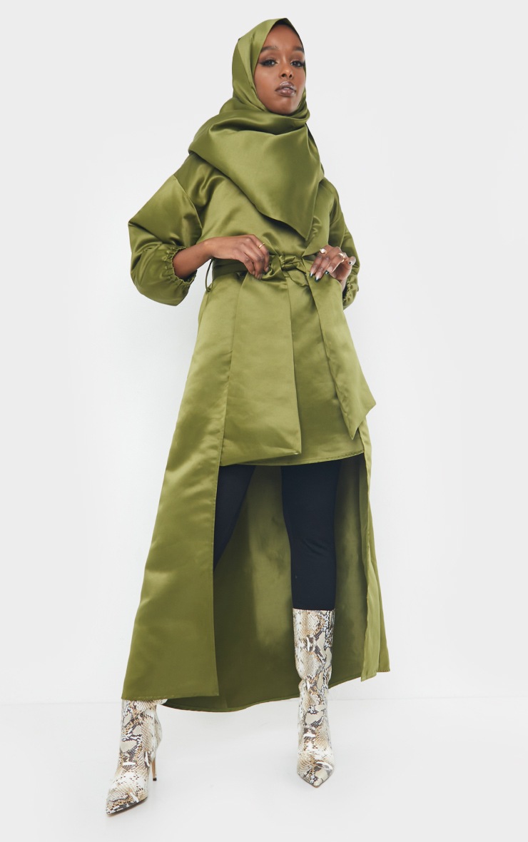 Khaki Satin Tie Front Asymmetric Top