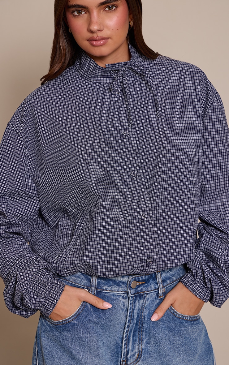 Blue Checked High Neck Tie Detail Long Sleeve Shirt image 4