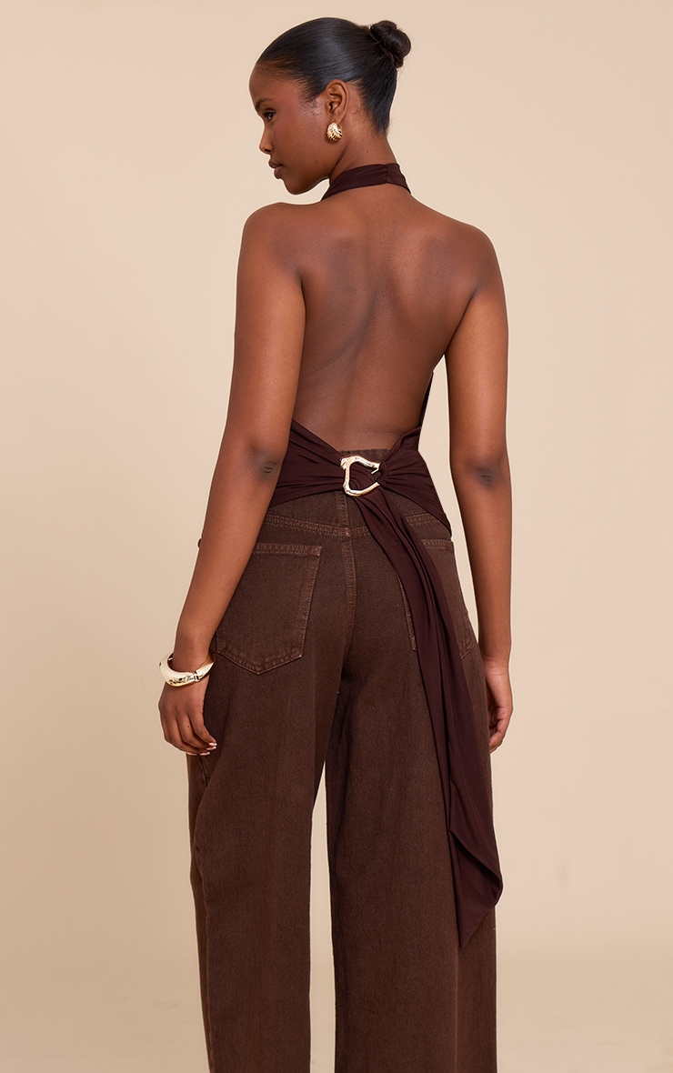 Chocolate Double Layer Slinky Backless Trim Detail Long Top image 2