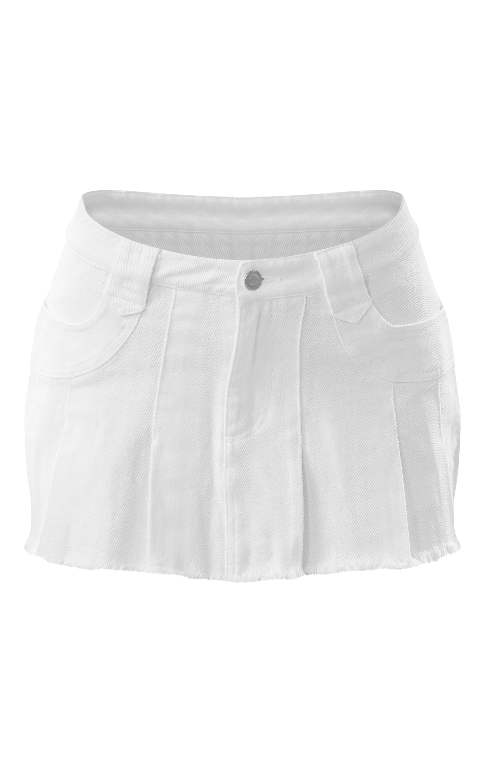  White Frayed Hem Pleated Low Waist Denim Mini Skirt image 6