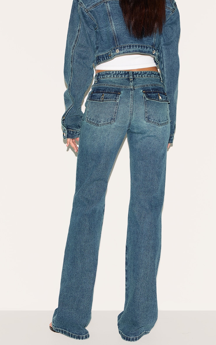 Tall Dark Blue Wash Back Pocket Detail Flare Jeans image 3
