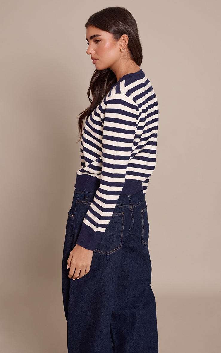 Navy Striped Button Up Compact Knit Cardigan image 2