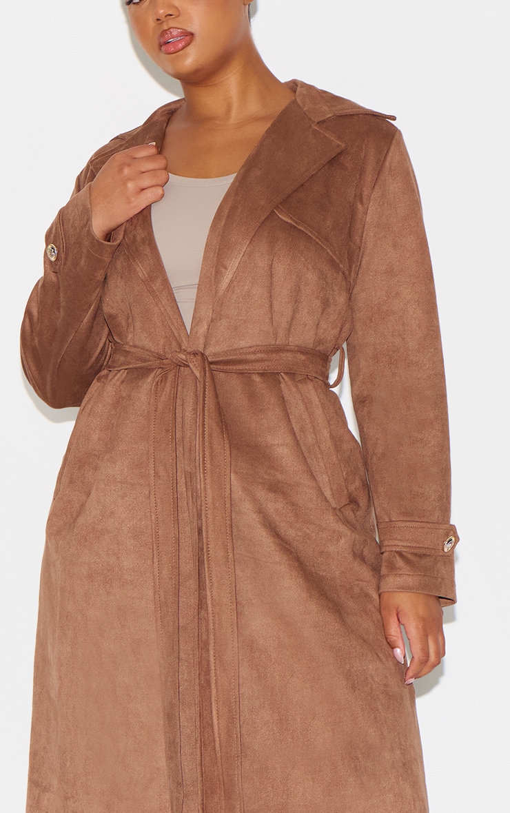 Plus Chocolate Faux Suede Trench Detailed Coat image 4