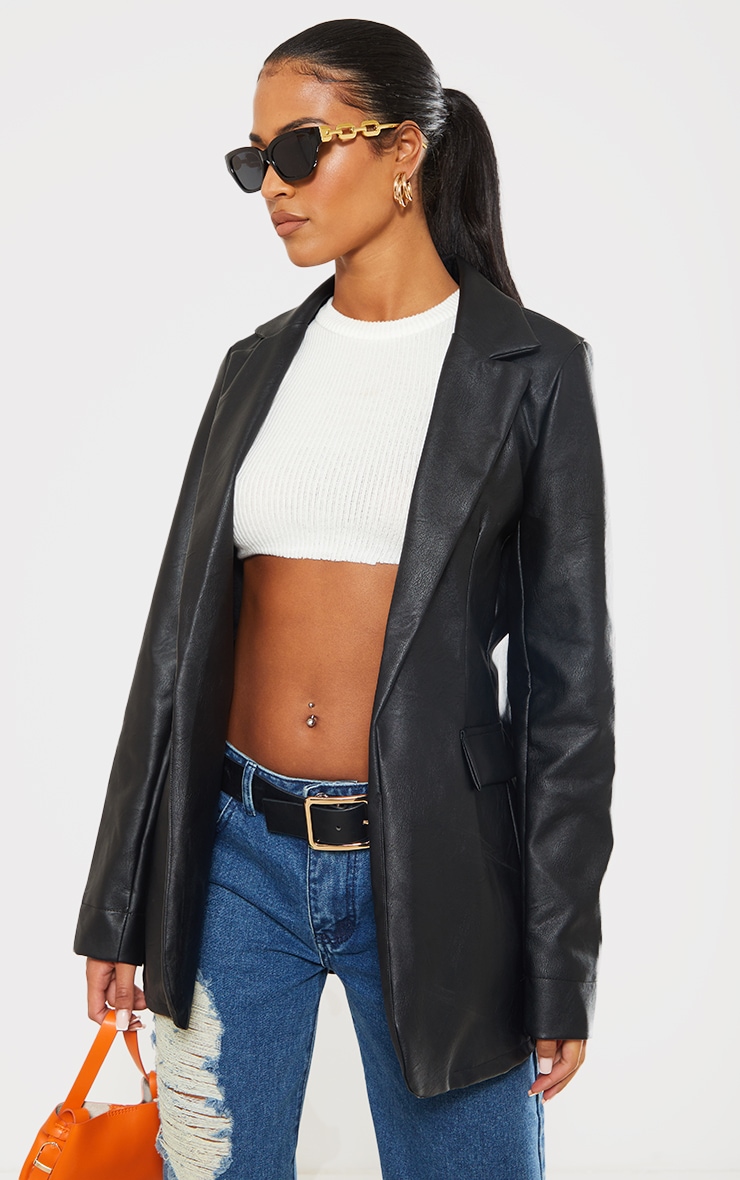 Tall Black Faux Leather Oversized Blazer image 3