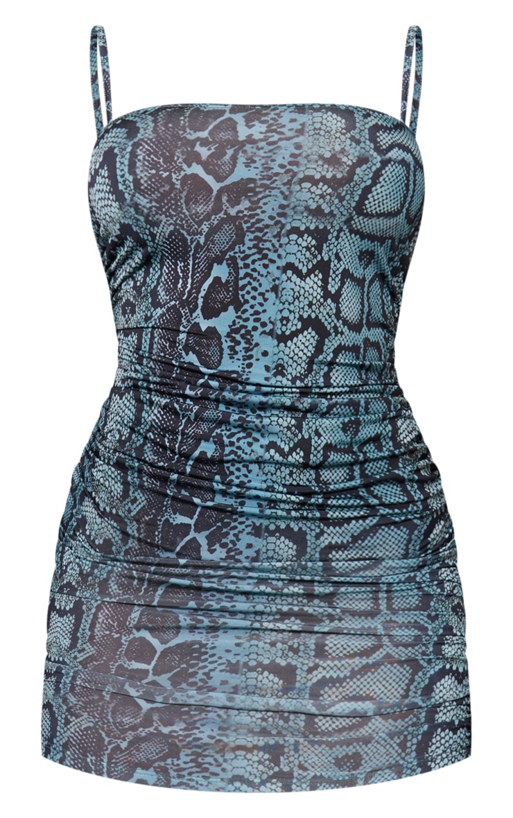 Shape Green Snake Print Slinky Ruched Spaghetti Strap Bodycon Dress image 5