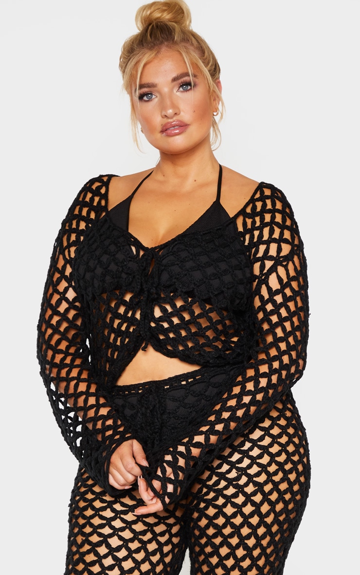 Plus Black Crochet Lace Up Top