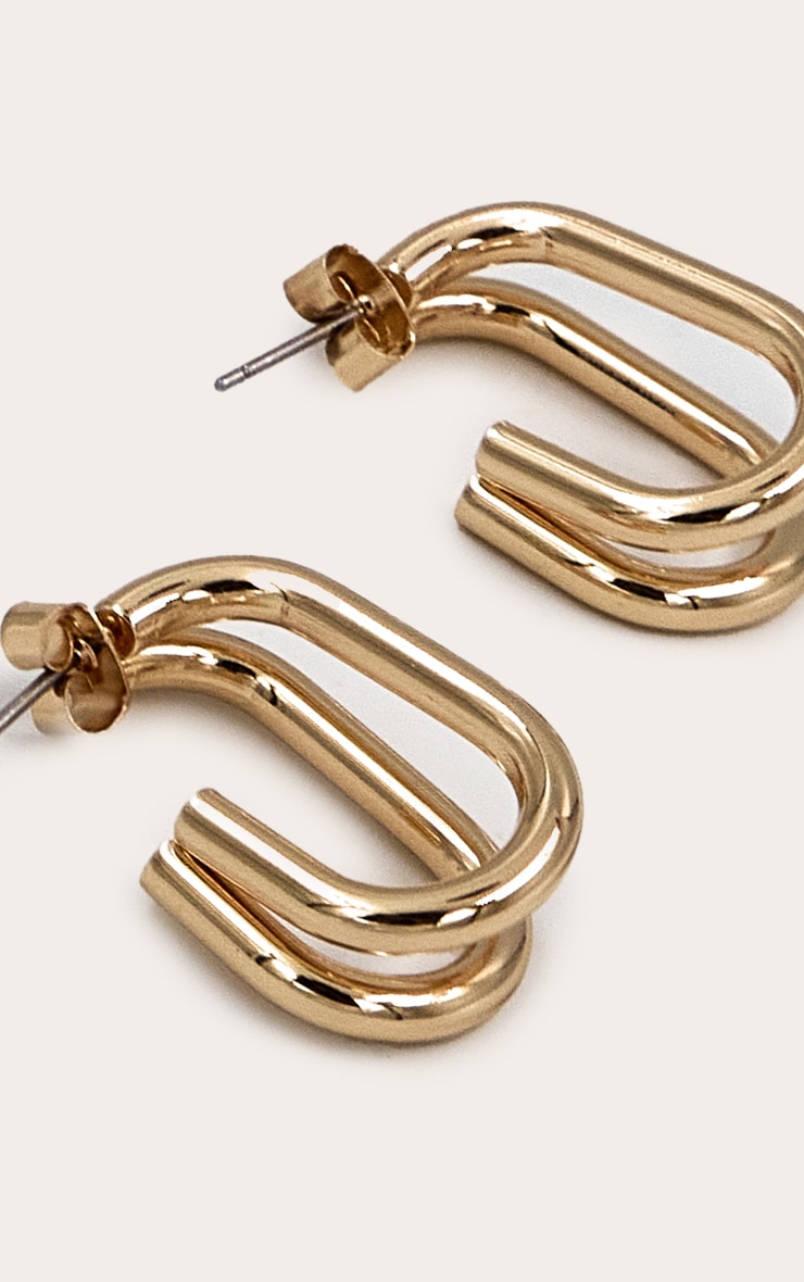 Gold Smooth Double Layered Rectangular Hoop Earrings image 3