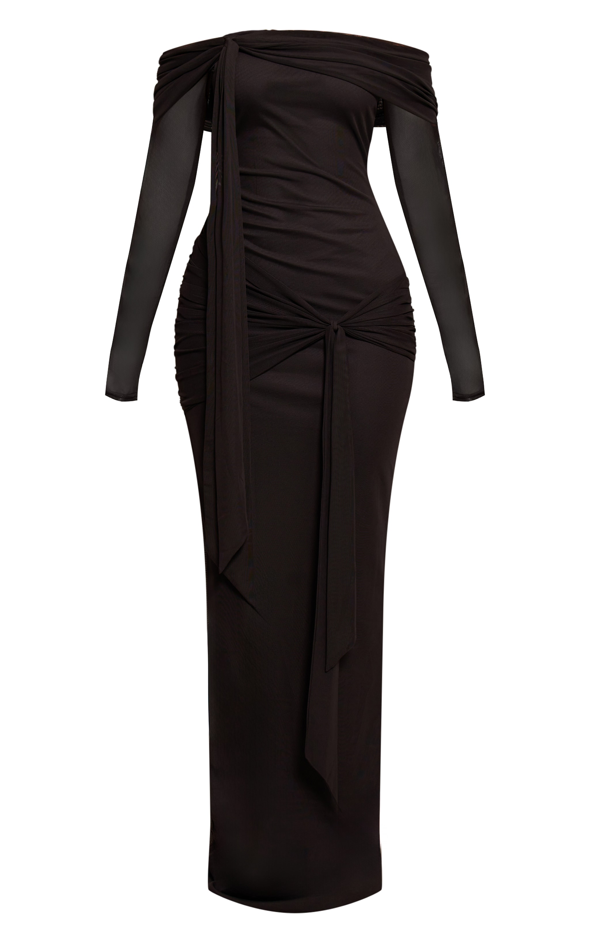 Petite Robe longue asymétrique noire à col bardot et manches longues image 5