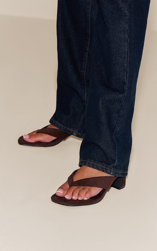 Chocolate Faux Suede Low Block Heel Toe Thong Mules