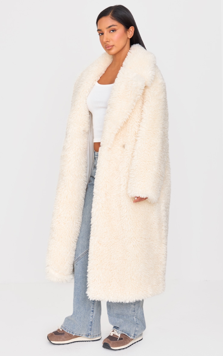 Petite Cream Shaggy Faux Fur Longline Coat image 3