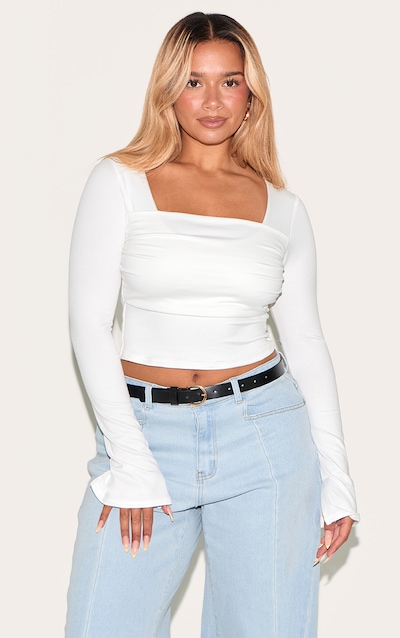 Shape White Super Soft Scoop Neck Ruched Bust Long Sleeve Top