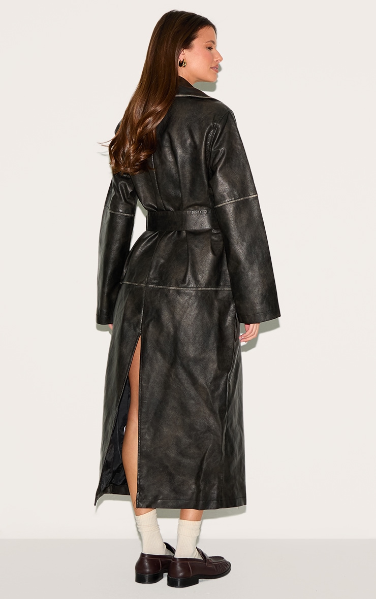 Black Distressed Faux Leather Seam Detail Trench Coat image 2
