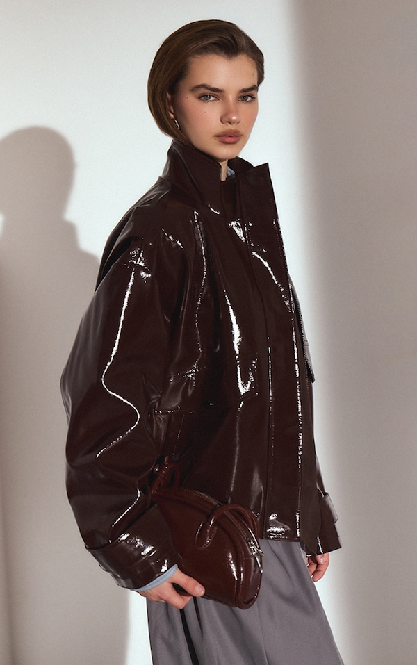 Chocolate High Shine Funnel Neck Jacket