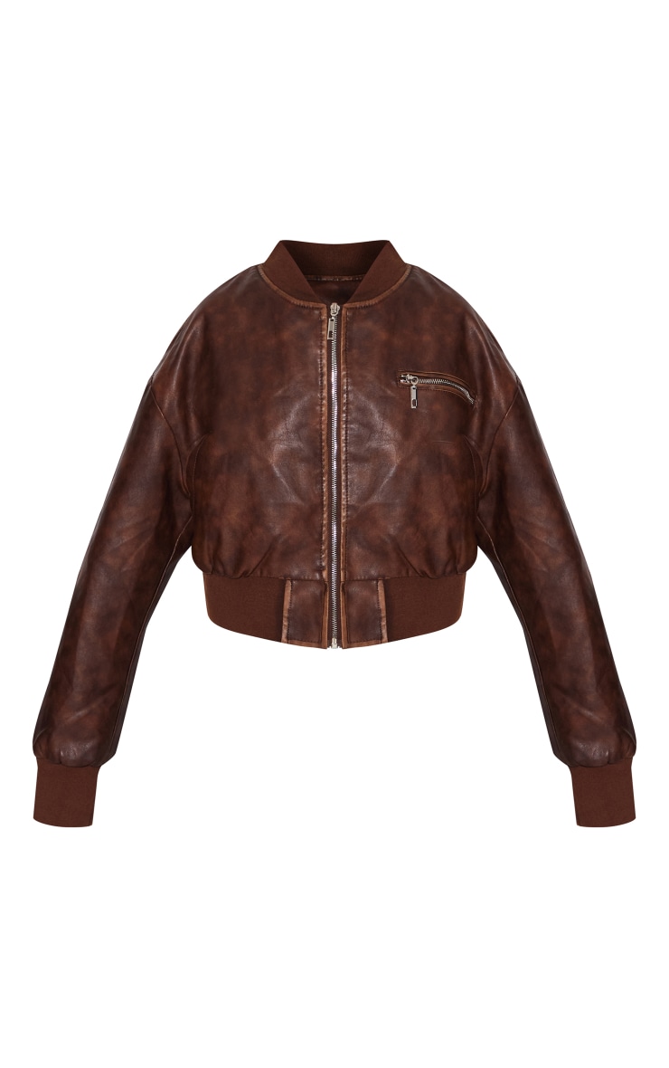 Brown Mottled Texture Faux Leather Zip Detail Bomber Jacket image 5