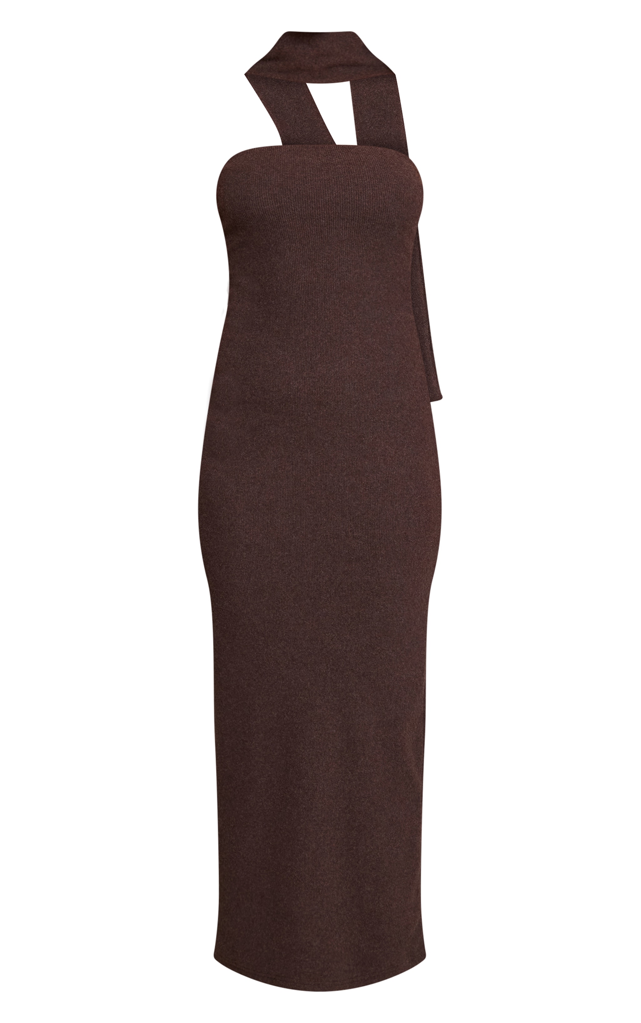 Chocolate Brushed Rib Scarf Detail Bandeau Maxi Dress image 5