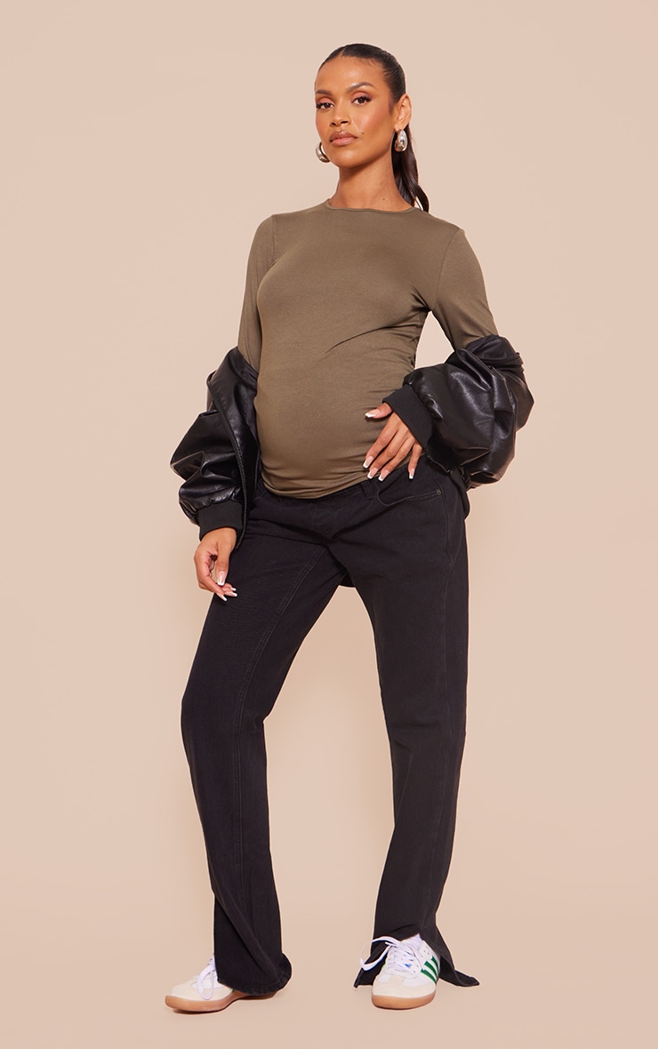 Maternity Khaki Long Sleeve Basic Crew Neck Fitted T Shirt image 3