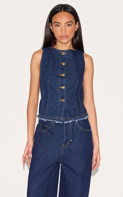 Petite Gilet long ajusté en jean indigo sans manches