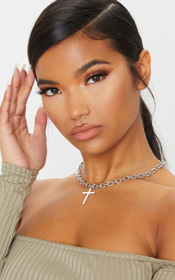 Silver Chunky Chain And Cross Necklace