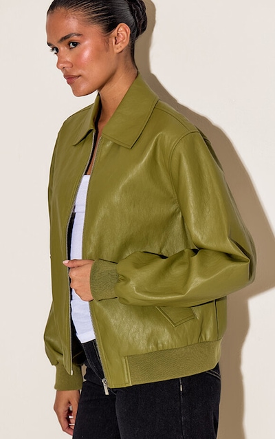 Olive Faux Leather Bomber Jacket