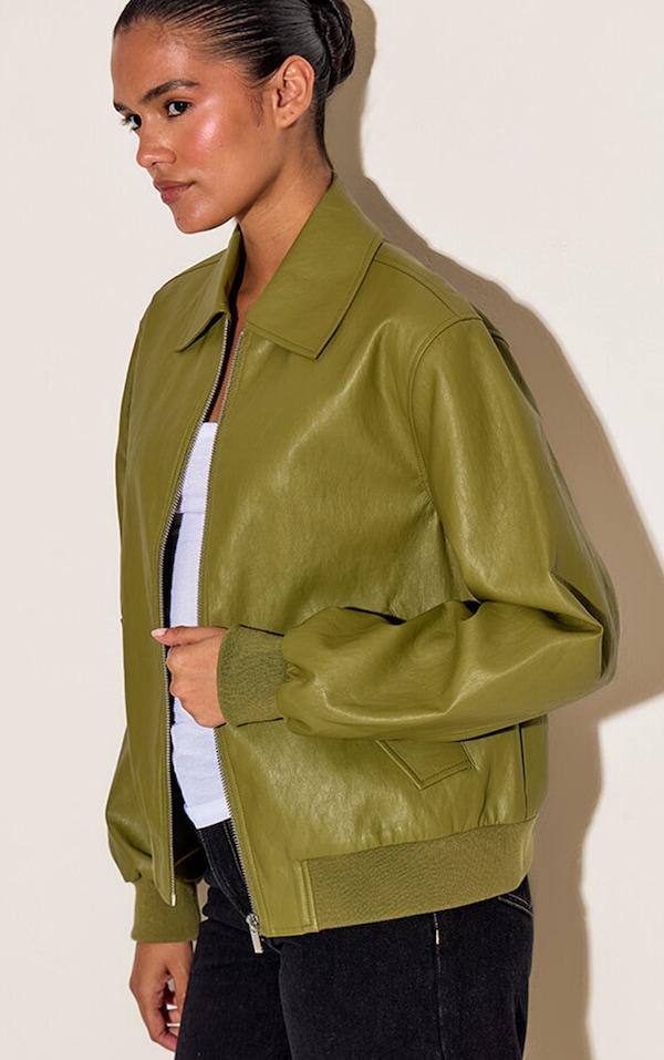  Olive Faux Leather Bomber Jacket