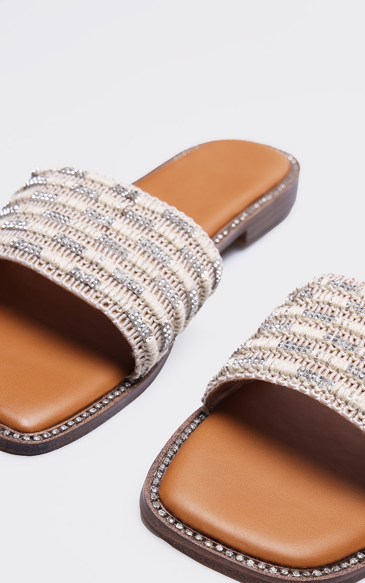 Beige Pu Square Toe Woven Strap Flat Sandals image 3