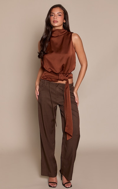 Chocolate Satin High Neck Drape Detail Top