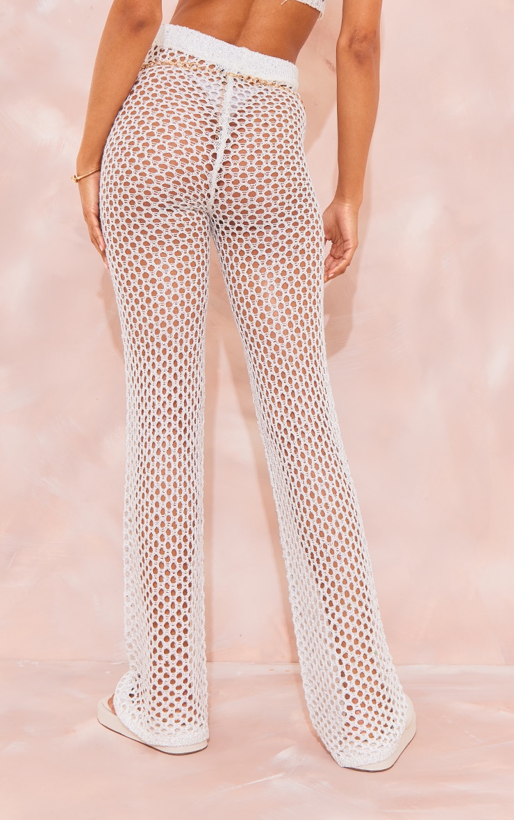  Tall White Sequin Strappy Fishnet Flared Pants image 3