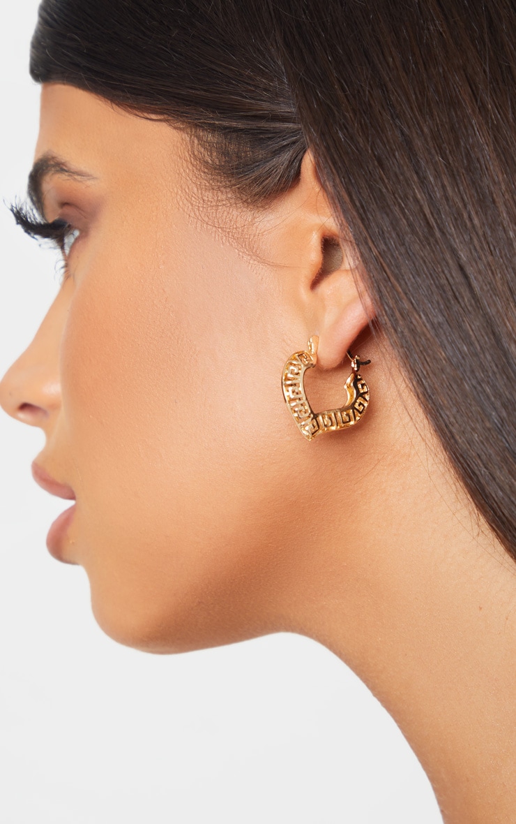 Gold Mini Greek Key Cut Out Heart Hoop Earrings