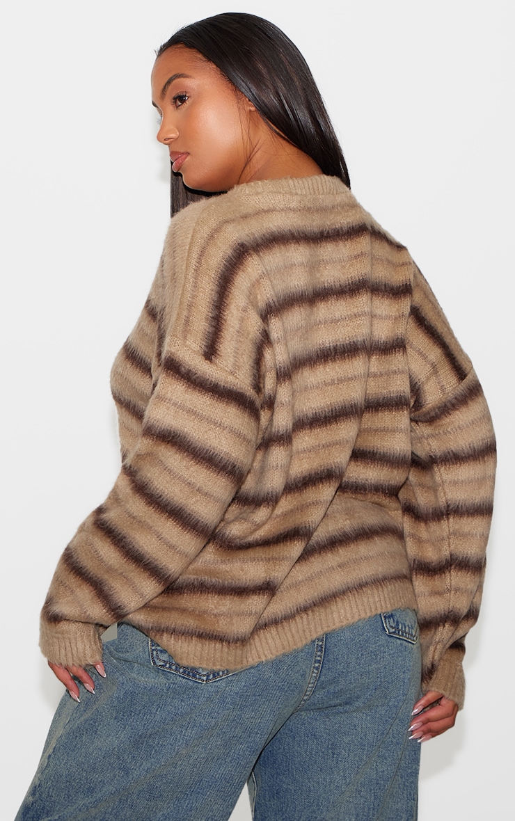 Plus Brown Stripe Fluffy Knit Oversized Jumper image 2