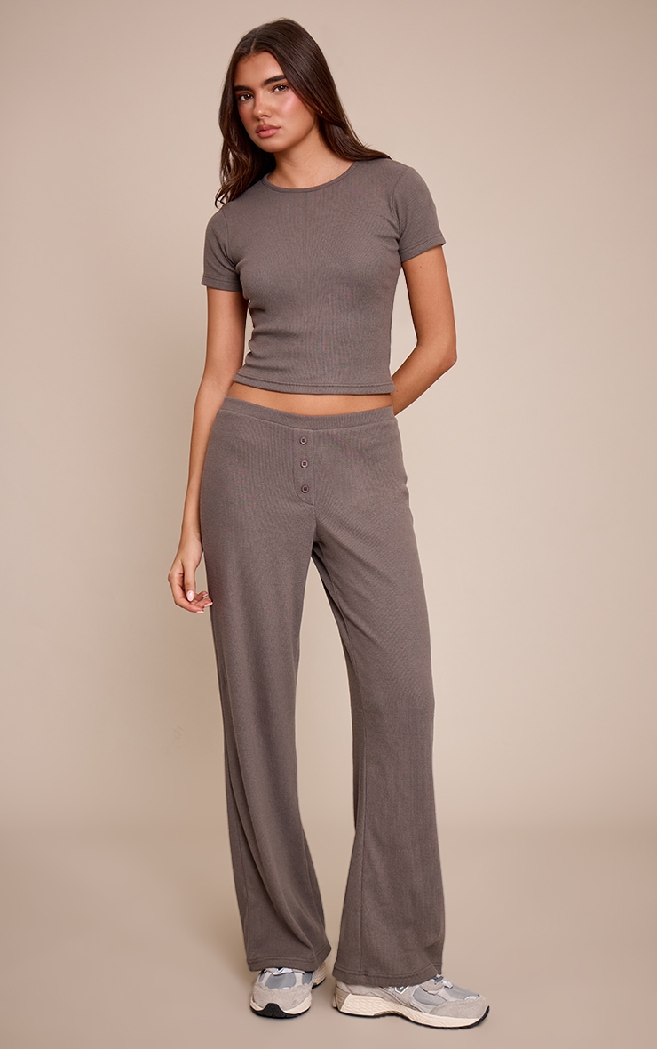 Charcoal Grey Rib Button Detail Wide Leg Pants