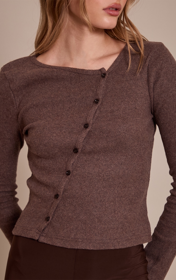Chocolate Heavy Brushed Rib Asymmetric Button Long Top image 4