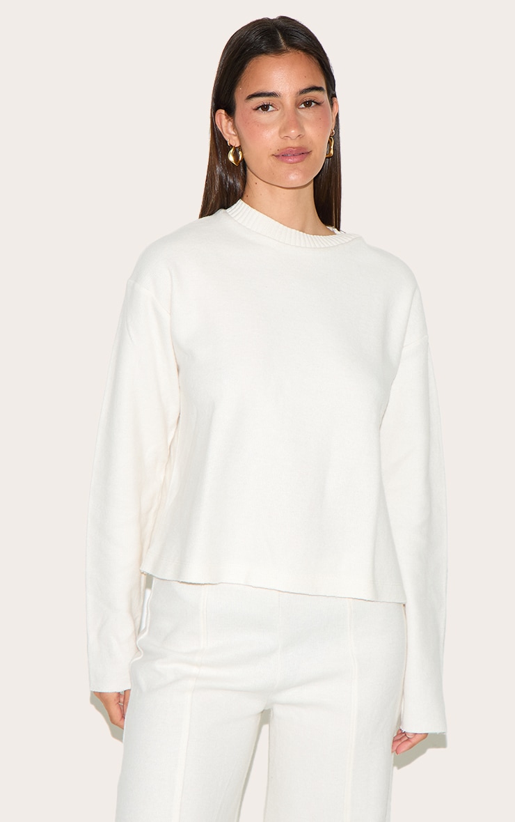 Cream Soft Ribbed Straight Leg Pants image 4