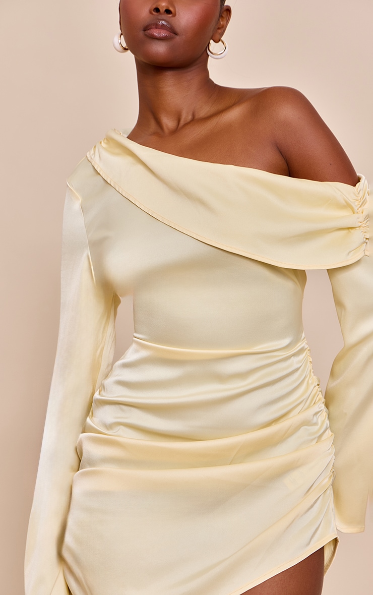 Butter Cream Satin One Shoulder Drape Bodycon Dress image 4