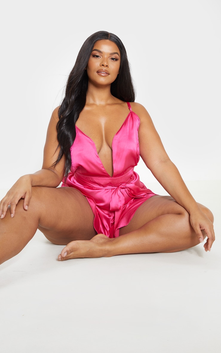 Plus fuchsia tie front plunge satin teddy kit