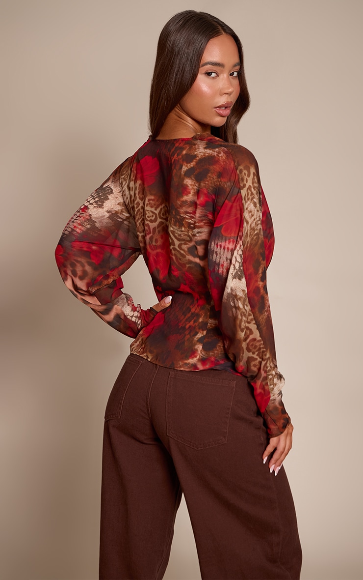 Red Printed Chiffon Cowl Neck Long Sleeve Blouse image 2