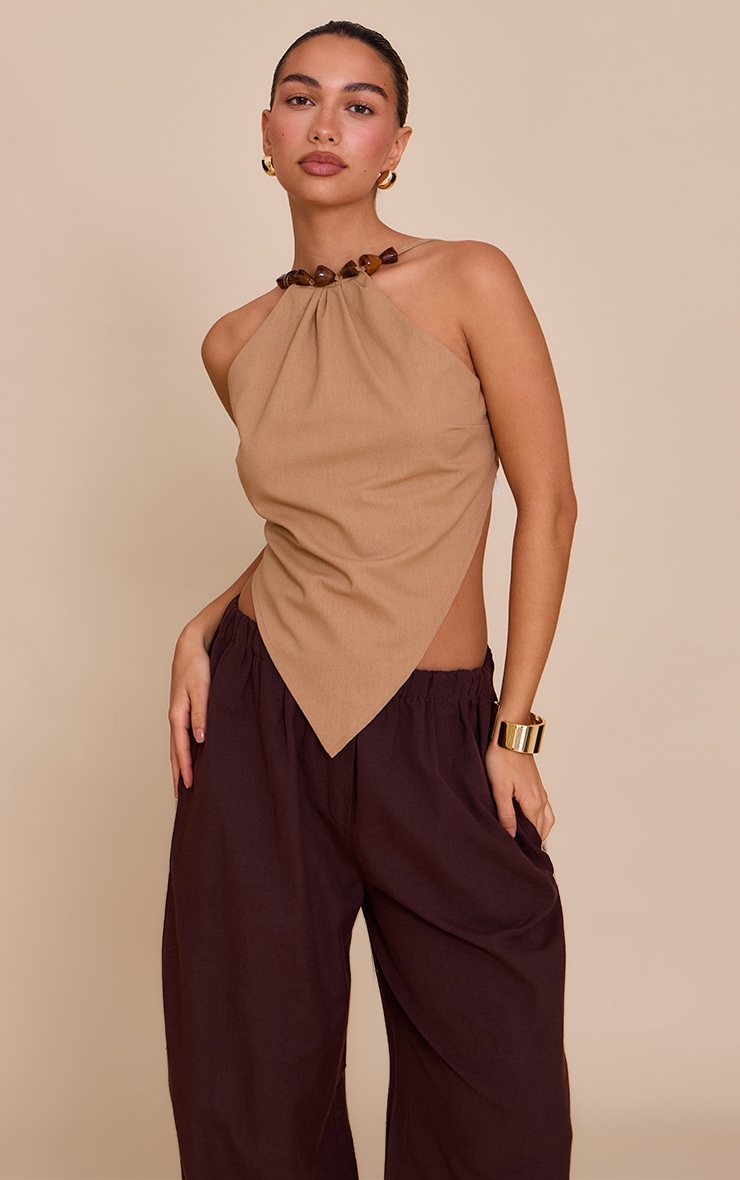 Light Brown Beaded Pointed Hem Long Top image 4