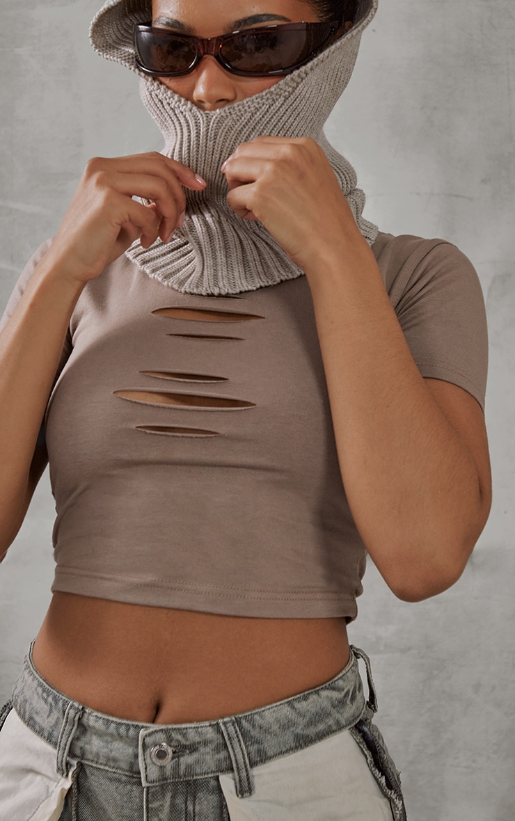 Taupe Slash Front Babydoll T Shirt image 4